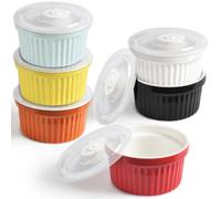 homEdge Juego de ramequines de porcelana con tapa, 240 ml, cuenco para helado, taza de soufflé de ramequines para hornear, juego de 6 colores surtidos