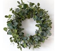 HomeKaren Coronas de eucalipto para Puerta de Entrada de 22 Pulgadas, Corona de Hojas Verdes Hechas a Mano para Verano, Primavera y Todas Las Estaciones, Corona Floral Verde para Pared y Exterior