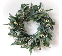 HomeKaren Coronas para Puerta Delantera de 22 Pulgadas, Corona de vegetación para Todas Las Estaciones, Hojas de eucalipto de Oliva y Bayas Blancas Mixtas para Interiores y Exteriores, Granja, hogar,