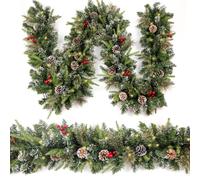 HomeKaren Guirnalda de Navidad Snowy 9 pies con 50 luces, baya roja y cono de pino, Decoración Navideña