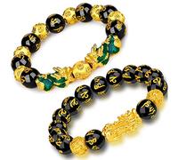 Homelavie 2 pulseras Feng Shui de obsidiana negra de 12 mm con cuentas de mantra cambiadas de color para mujeres y hombres atraen riqueza y buena suerte.