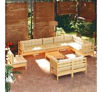 HOMELEN Juego de muebles de jardín de 11 piezas con cojines de color crema, madera maciza de pino, juego de muebles de jardín, muebles de jardín, juegos de entretenimiento, balcón, sofá, salón