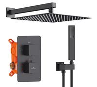 HOMELODY Conjunto de Ducha Termostática 38℃, Sistema Negro para Baño, Grifos Empotrados, Set Incluyendo Cabeza de 30 cm x 30 cm, Ducha de Mano, Cuerpo de Latón