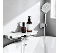 HOMELODY Grifo de bañera con alcachofa de mano, caño giratorio 360°, grifo de bañera con ducha, estante de cristal, manguera de PVC de 1,5 m, grifo mezclador para montaje en pared