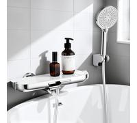 HOMELODY Grifo de bañera con ducha de mano, caño giratorio 360°, grifería de bañera con ducha, estante de vidrio, manguera PVC 1,5 m, mezclador para montaje en pared