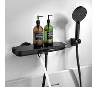 HOMELODY Grifo de bañera negro con ducha de mano, caño giratorio 360°, grifería para bañera con ducha, estante de vidrio, manguera PVC 1,5 m, mezclador para montaje en pared