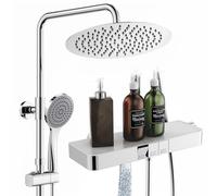 HOMELODY Grifo de ducha con termostato y estante de cristal, sistema de ducha con alcachofa y alcachofa de mano, altura regulable, juego de ducha con grifo, bloqueo de seguridad a 40 °C para familia