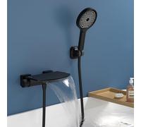 HOMELODY Grifo de bañera negro con ducha de mano, cascada, grifo mezclador de latón, grifo de pared para bañera, montaje en pared con plataforma grande