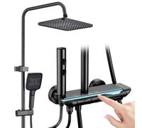 HOMELODY Juego completo de grifo de ducha con estante de cristal, ducha de lluvia con grifo y 30 cm, grifo de ducha con botón de piano, 4 tipos de chorro y ducha de mano de 3 funciones, juego de ducha