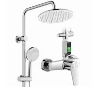 HOMELODY Sistema de ducha con grifo cromado - Ducha de lluvia con grifo LED Temperature Display 25 cm redondo ducha de lluvia, 3 tipos de chorro, juego completo de ducha