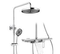 HOMELODY Sistema de ducha con grifo y estante de cristal cromado, juego completo con 5 tipos de chorro, ducha de lluvia y caño inferior, set de ducha para baño doméstico