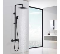 HOMELODY Sistema de ducha con termostato, color negro, grifo de ducha de acero inoxidable con grifo, juego completo de 2 cabezales de ducha con bloqueo de seguridad a 38 °C, color negro