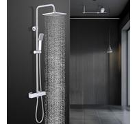 HOMELODY Sistema de ducha con termostato cromado - Grifo de ducha de acero inoxidable con grifería, incluye bloqueo de seguridad a 38 °C, ducha de mano ABS, barra de ducha ajustable, juego completo