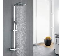 HOMELODY Sistema de ducha con termostato, ducha de lluvia, rectangular, incluye ducha de mano ABS, ducha de lluvia 19,7 x 19,7 cm, barra de ducha de acero inoxidable