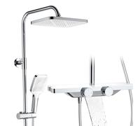 HOMELODY Sistema de ducha con termostato y estante de cristal, juego completo de grifo de ducha de 30 cm, 3 tipos de chorro y caño inferior, set de ducha de lluvia con grifo
