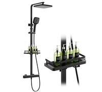 HOMELODY Sistema de ducha con termostato y estante de ducha, color negro, juego completo con ducha de mano y alcachofa - Altura regulable, bloqueo de seguridad de 38 °C, montaje en pared para baño