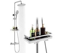 HOMELODY Sistema de ducha con termostato y estante de ducha cromado, juego completo con cabezal de ducha de lluvia redondo, 3 tipos de chorro, ducha de mano ABS, bloqueo de seguridad a 38 °C, ducha de