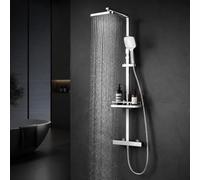 HOMELODY Sistema de ducha con termostato y estante de ducha cromado, juego completo con ducha de mano y alcachofa - Altura regulable, bloqueo de seguridad de 38 °C, montaje en pared para baño moderno