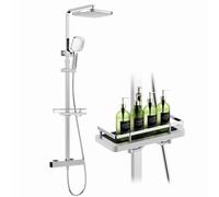 HOMELODY Sistema de ducha con termostato y estante de ducha cromado, juego completo con ducha de mano y alcachofa - Altura regulable, bloqueo de seguridad de 38 °C, montaje en pared para baño moderno