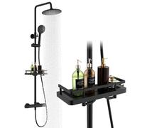 HOMELODY Sistema de ducha con termostato y estante de ducha - Juego completo de grifo de ducha negro con cabezal redondo de lluvia, 3 tipos de chorro, ducha de mano ABS, bloqueo de seguridad a 38 °C