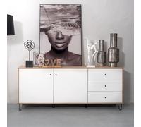 Homely - Aparador Bilbo | Diseño Moderno | 2 Puertas y 3 cajones | Relieves geométricos | Laminado sintético y DM | Patas metálicas y Tiradores de PVC Color Negro | Color Roble y Blanco Mate