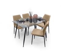 Homely - Conjunto de Comedor Cairo Bay 120 | Mesa de Cristal 120x79,5 cm y 4 Sillas Tapizadas Beige | Patas de Metal Color Negro | Diseño Nórdico de Comedor, Salón, Cocina, Sala