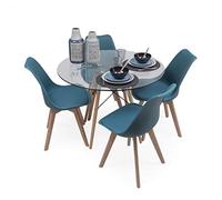 Homely - Conjunto de Comedor Tower 100 Day Cristal Mesa de Cristal Redonda de 100 cm y 4 sillas Day (Turquesa)