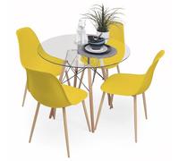 Homely - Conjunto de Comedor Tower Cairo Nordic 100 | Mesa + 4 sillas | Diseño Moderno | Comedor, Salón, Cocina, Sala | Mesa Redonda de Cristal de 100 cm | 4 sillas Color Amarillo