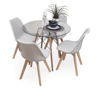 Homely® Conjunto de Comedor Tower-Day 100 |4 sillas de Comedor Nórdicas Day | Mesa Tower de Cristal 100 cm. | Diseño NÓRDICO ESCANDINAVO | Pack de Comedor o Cocina| Color Gris Claro