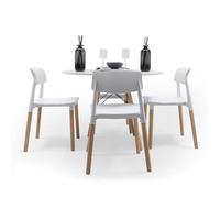 Homely - Conjunto de Comedor Tower White 100 | Diseño Nórdico | Mesa Comedor sobre MDF Blanco | 90 cm diámetro | 4 sillas | | Comedor, Salón, Cocina, Sala | Color Blanco y Haya