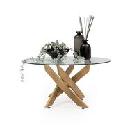 Homely® | Mesa de Centro redonda DALILA MADERA | Diseño patas entrelazadas de 80 cm. Alto 40 cm. | Cristal templado 8 mm. Patas metal efecto Madera | Mesa auxiliar moderna de salón,despacho,dormitorio