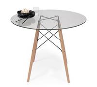 Homely - Mesa de Comedor Tower 100 Vintage | Mesa de Cristal Redonda | Diseño Nórdico para Comedor, Cocina, Oficina, Estudio | Patas de Madera de Haya | Cristal Transparente | 100 cm Diámetro
