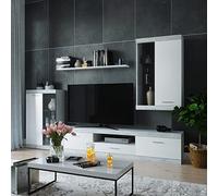 Homely - Mueble de Salón Modular EsCanar 245 cm | Conjunto 4 Muebles | Completo | Mueble para Televisión + Mueble Bajo + Mueble Alto + Estantería Alta | Color Gris Cemento y Blanco