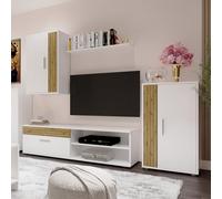 Homely®- Mueble de Salón Modular Ibiza White | Conjunto 4 Muebles | Muebles Salón Completo | Mueble para Televisión + Mueble Bajo + Mueble Alto + Estantería Alta | Color Blanco Y Madera