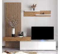 Homely - Mueble de Salón Modular Rebeka | Conjunto 2 Muebles de 209 cm.| Muebles Salón Completo | Mueble para Televisión + Mueble Bajo + Panel Decorativo + Estantería Alta | Color Blanco y Artisan