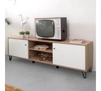 Homely - Mueble de TV Bilbo 184 | Diseño Moderno | 2 Puertas | Relieves geométricos | Laminado sintético y DM | Patas metálicas y Tiradores de PVC Color Negro | Color Roble artisán y Blanco Mate