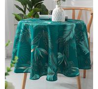 Homemaison - Mantel Redondo exótico Antimanchas - 100% poliéster - Estampado de follaje Tropical - Acabado sesgo - Suave al Tacto - Ø 160 cm - Azul Pavo Real