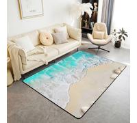 Homemissing Alfombra azul de playa de 150 x 200 cm, poliéster, diseño de estrella de mar blanca, alfombra para sala de estar, dormitorio, decoración temática del océano, alfombra de suelo para