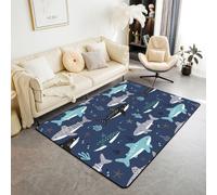 Homemissing Alfombra de área azul tiburón, 100 x 150 cm, diseño de vida marina del océano, alfombra para sala de estar, dormitorio, decoración de criaturas del mundo subacuático, alfombra con respaldo