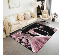Homemissing Alfombra de salón con flores de princesa rosa para dormitorio, niñas, adolescentes y adultos, 100 x 150 cm, alfombra decorativa de flores florecientes, alfombra personalizada con letra U