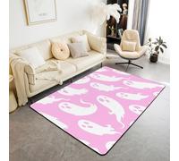 Homemissing Alfombra de salón con temática de Halloween para dormitorio, 100 x 150 cm, bonita alfombra de decoración de fantasmas para niños y niñas, diseño de dibujos animados Kawaii, rosa y blanco