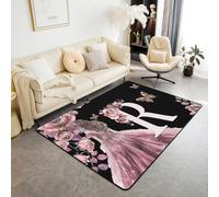 Homemissing Alfombra para sala de estar de niños, niñas, adolescentes y adultos, 150 x 200 cm, alfombra decorativa de flores florecientes, alfombra personalizada con letra R para interiores