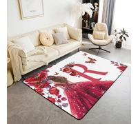Homemissing Alfombra roja con diseño de flores de princesa para niños, niñas, adolescentes y adultos, 100 x 150 cm, alfombra decorativa con letra R, alfombra de suelo para interiores, con monograma