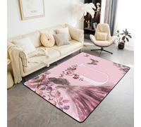 Homemissing Alfombra rosa con flores de princesa para sala de estar, niñas, adolescentes y adultos, 100 x 150 cm, alfombra decorativa de flores florecientes, alfombra de suelo interior con letra U