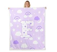 Homemissing Bonita manta de forro polar con estampado de arco iris morado con estampado de estrella y luna, para niños y niñas, letra F, felpa suave, corazón de amor para sofá, cama, sofá, Queen, 90 x