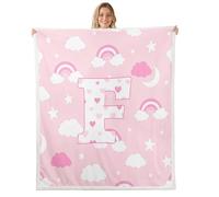 Homemissing Bonita manta de forro polar con estampado de arcoíris rosa con estampado de estrella y luna, para niños y niñas, letra F, felpa suave, corazón de amor para sofá, cama, sofá, bebé, 30 x 40