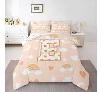 Homemissing Bonito juego de edredón naranja con diseño de arco iris, tamaño doble, estampado de estrella y luna, para niños y niñas, edredón personalizado con letra E, colorido corazón, decoración de
