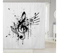 Homemissing Cortina de ducha con temática musical para decoración de baño, patrón de notas musicales, cortina de baño en blanco y negro, accesorios de baño, tela impermeable para puestos de bañera