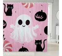 Homemissing Cortina de ducha de fantasma rosa para decoración de baño, 180 x 200 cm, cortina de baño para niños, Halloween, gato negro, accesorios de baño espeluznantes, poliéster con 12 ganchos