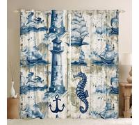 Homemissing Cortinas de aventura marina para dormitorio, sala de estar, brújula, vela, cortinas opacas con ancla náutica, cortina de oscurecimiento de habitación, tratamiento de ventana, 2 paneles de